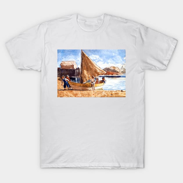 Young Children Enjoy A Summer Day with Sailboat at the Beach 1880 Winslow Homer T-Shirt by rocketshipretro